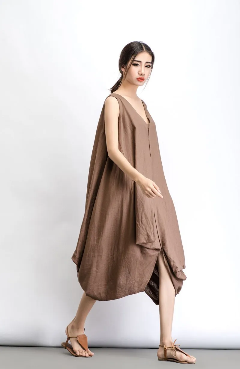Brown Linen dress, long linen dress, midi Dress, linen dress, sleeveless dress, womens dresses, asymmetrical dress, summer dress (C488)