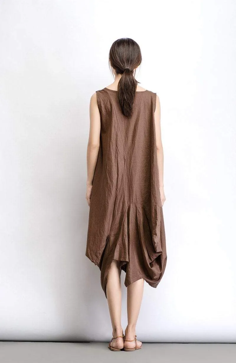 Brown Linen dress, long linen dress, midi Dress, linen dress, sleeveless dress, womens dresses, asymmetrical dress, summer dress (C488)