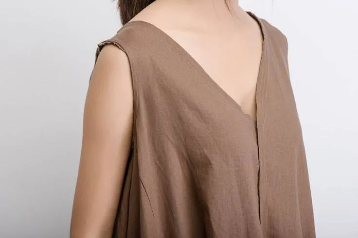 Brown Linen dress, long linen dress, midi Dress, linen dress, sleeveless dress, womens dresses, asymmetrical dress, summer dress (C488)