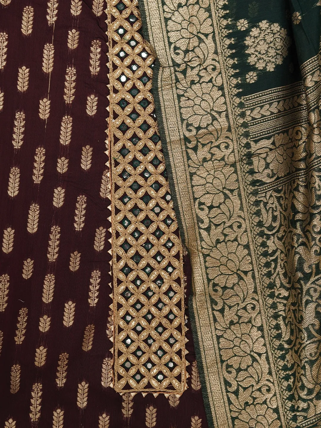Burgundy Unstitched Silk Blend Embellished Dress Material With Dupatta