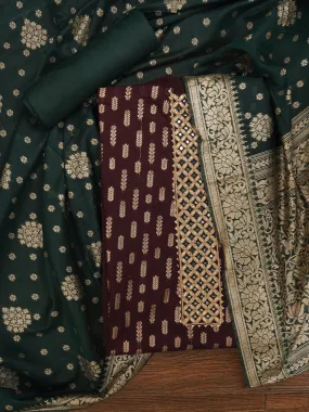 Burgundy Unstitched Silk Blend Embellished Dress Material With Dupatta