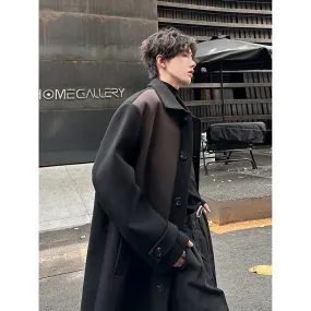 Chicmy-Autumn Winter Contrast Color Trench Woolen Coat Men's Medium Long High Street Korean Fashion Male Turn-down Collar Overcoat