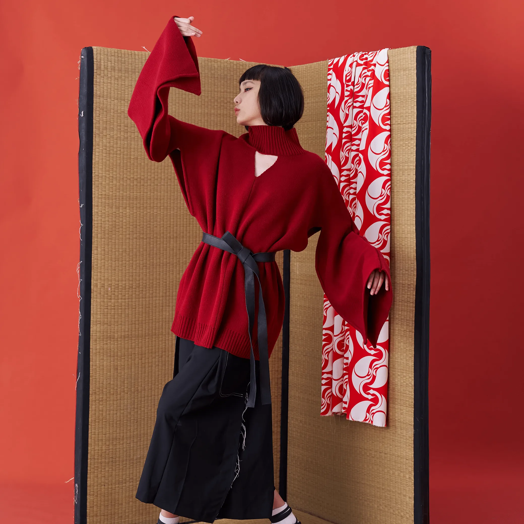 Deconstructed Kimono Sleeve Tie Sweater