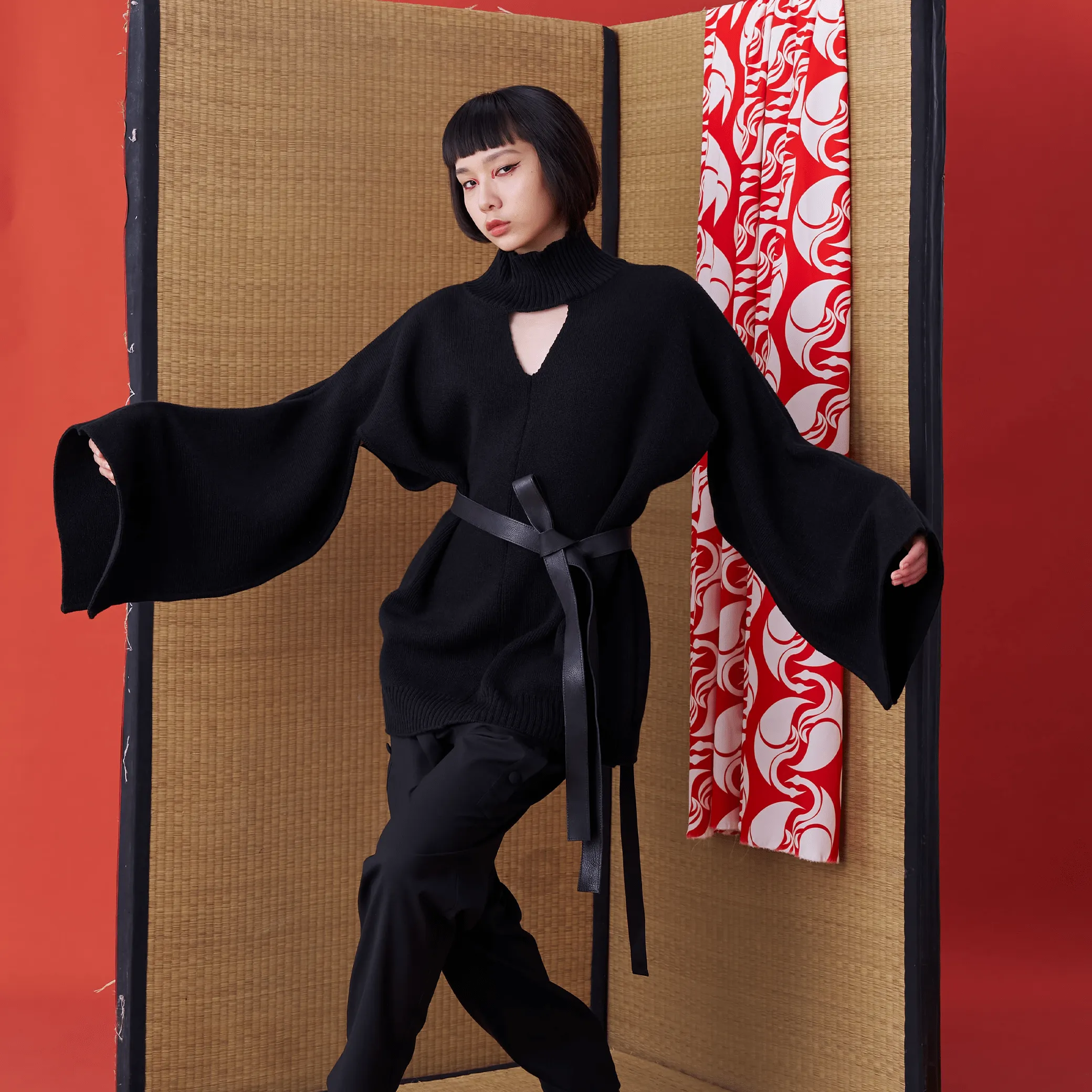 Deconstructed Kimono Sleeve Tie Sweater