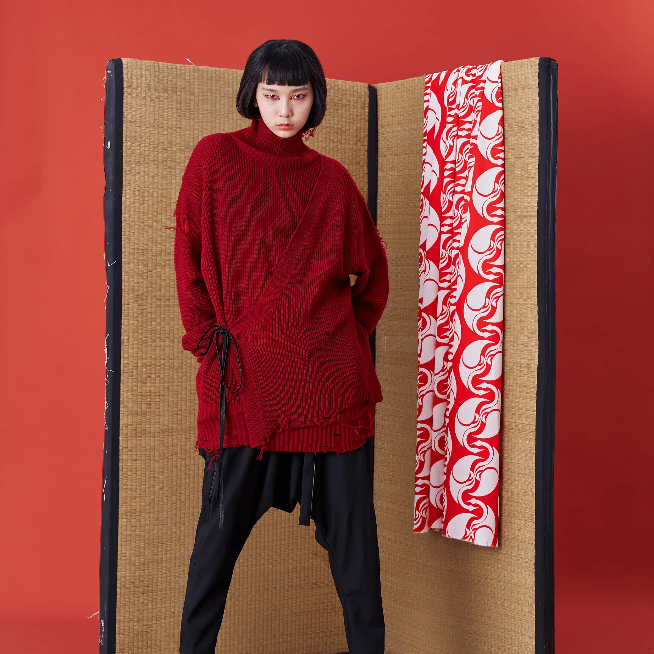Deconstructed Sweater with Faux Front Placket and Side Tie Straps