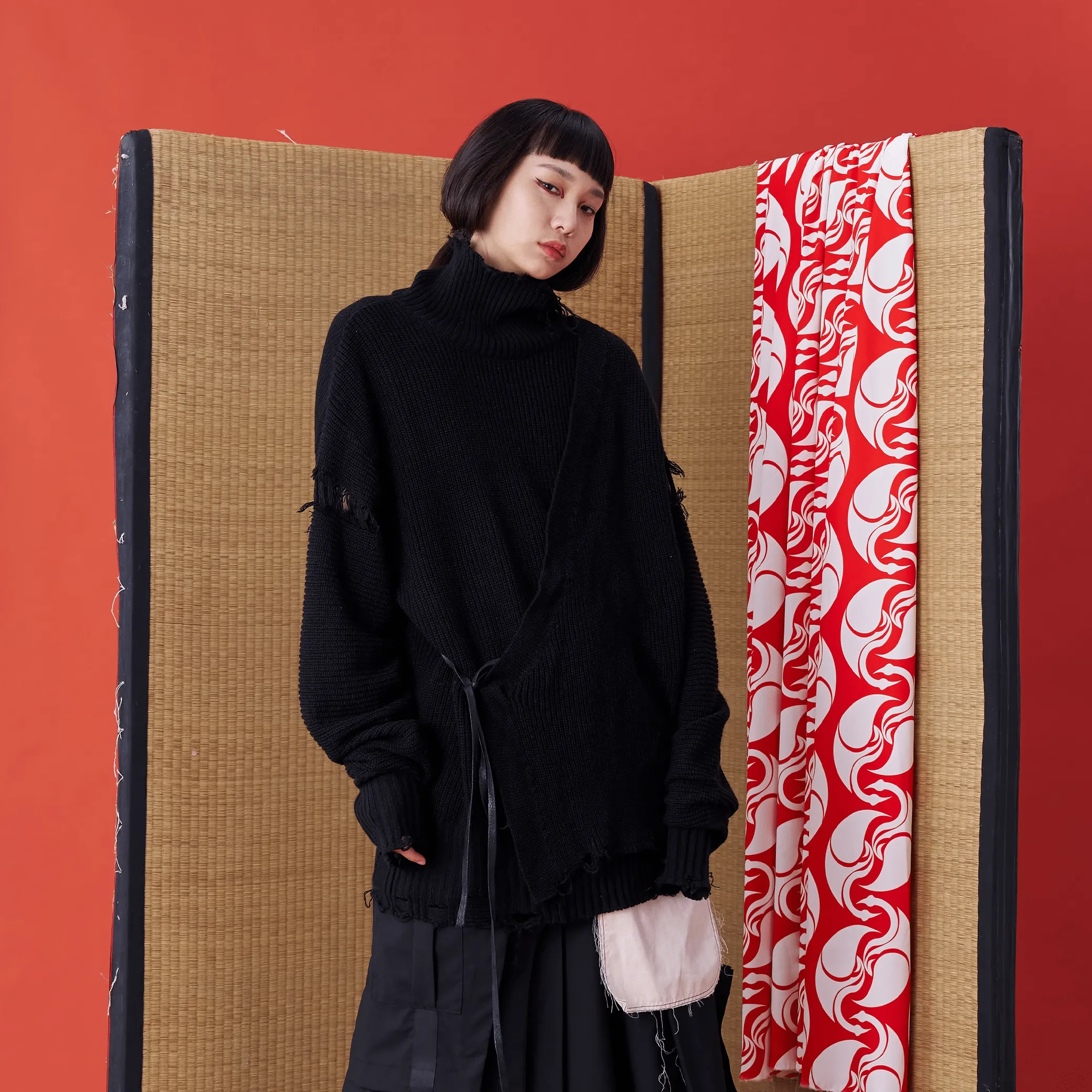 Deconstructed Sweater with Faux Front Placket and Side Tie Straps