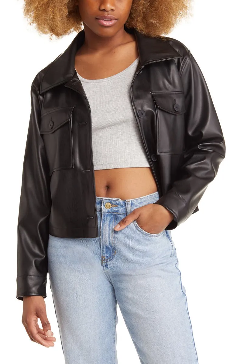 Faux Leather Crop Shirt Jacket