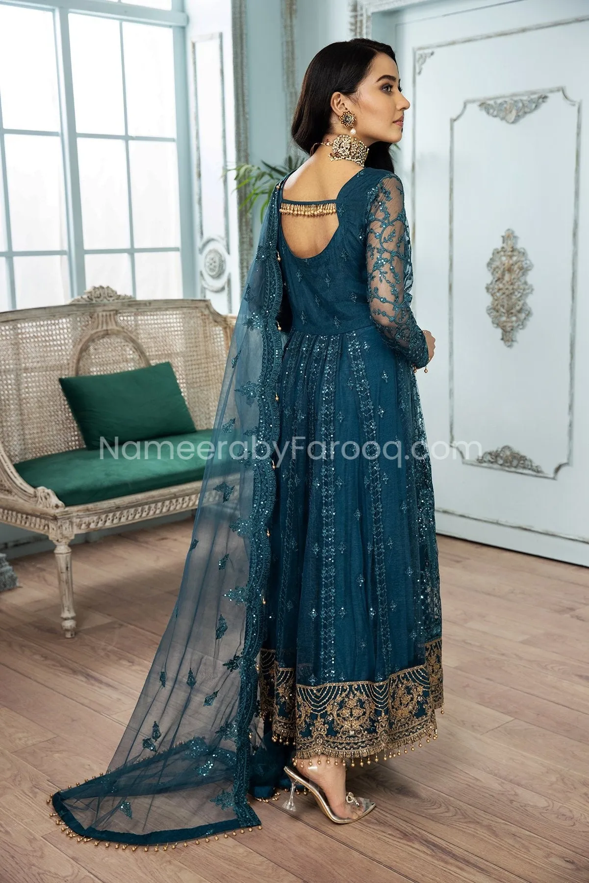 Formal Pakistani Frock Dress in Teal Blue Shade #PF258