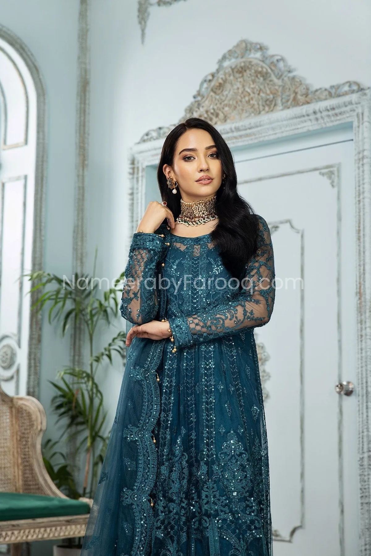 Formal Pakistani Frock Dress in Teal Blue Shade #PF258