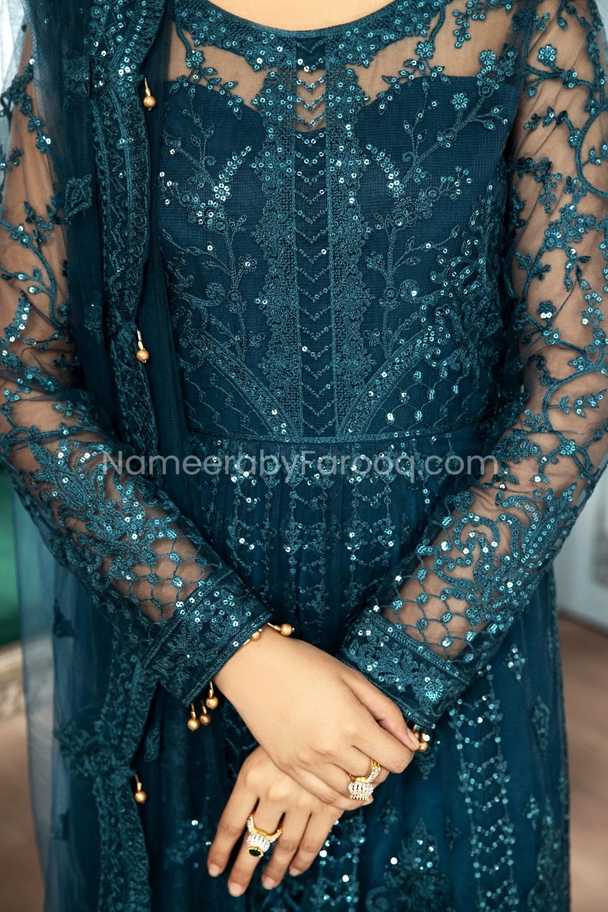 Formal Pakistani Frock Dress in Teal Blue Shade #PF258