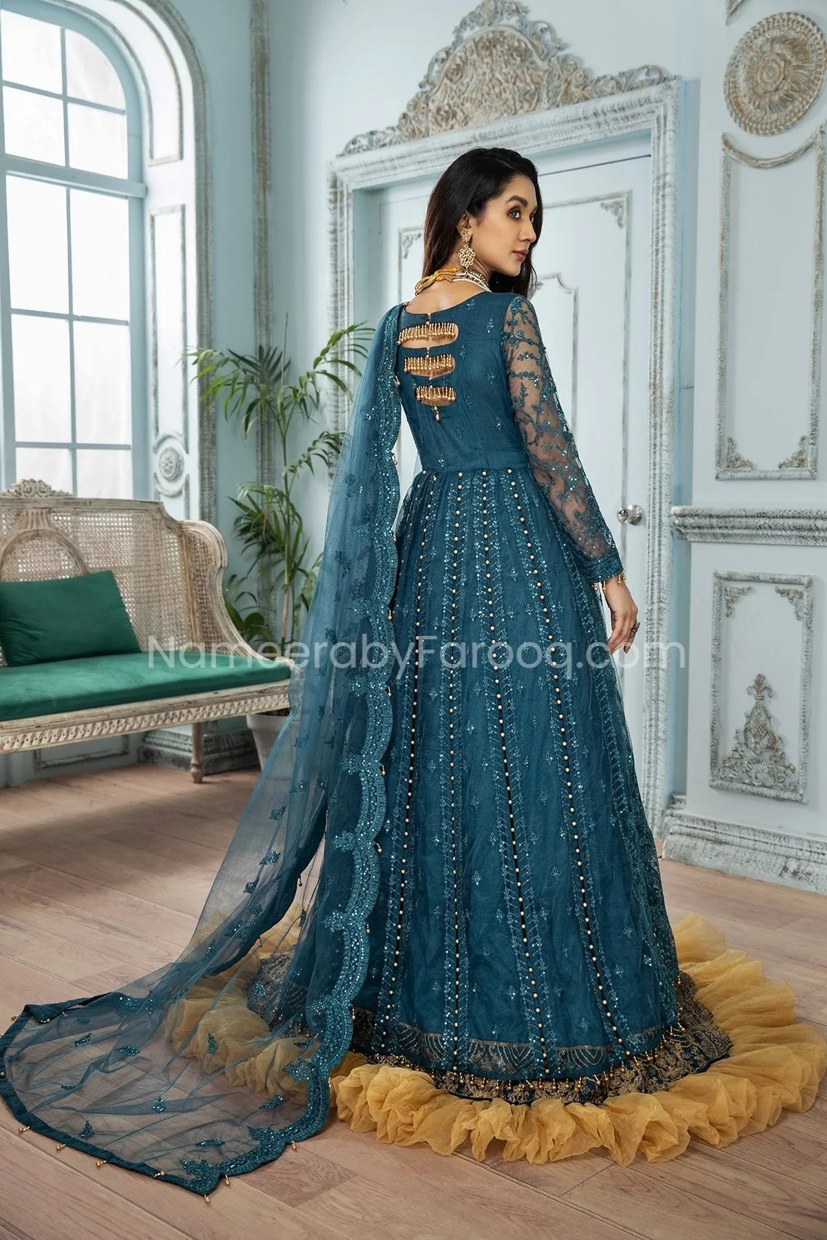 Formal Pakistani Frock Dress in Teal Blue Shade #PF258