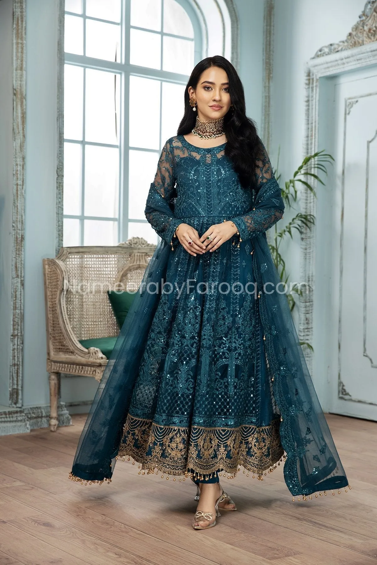 Formal Pakistani Frock Dress in Teal Blue Shade #PF258