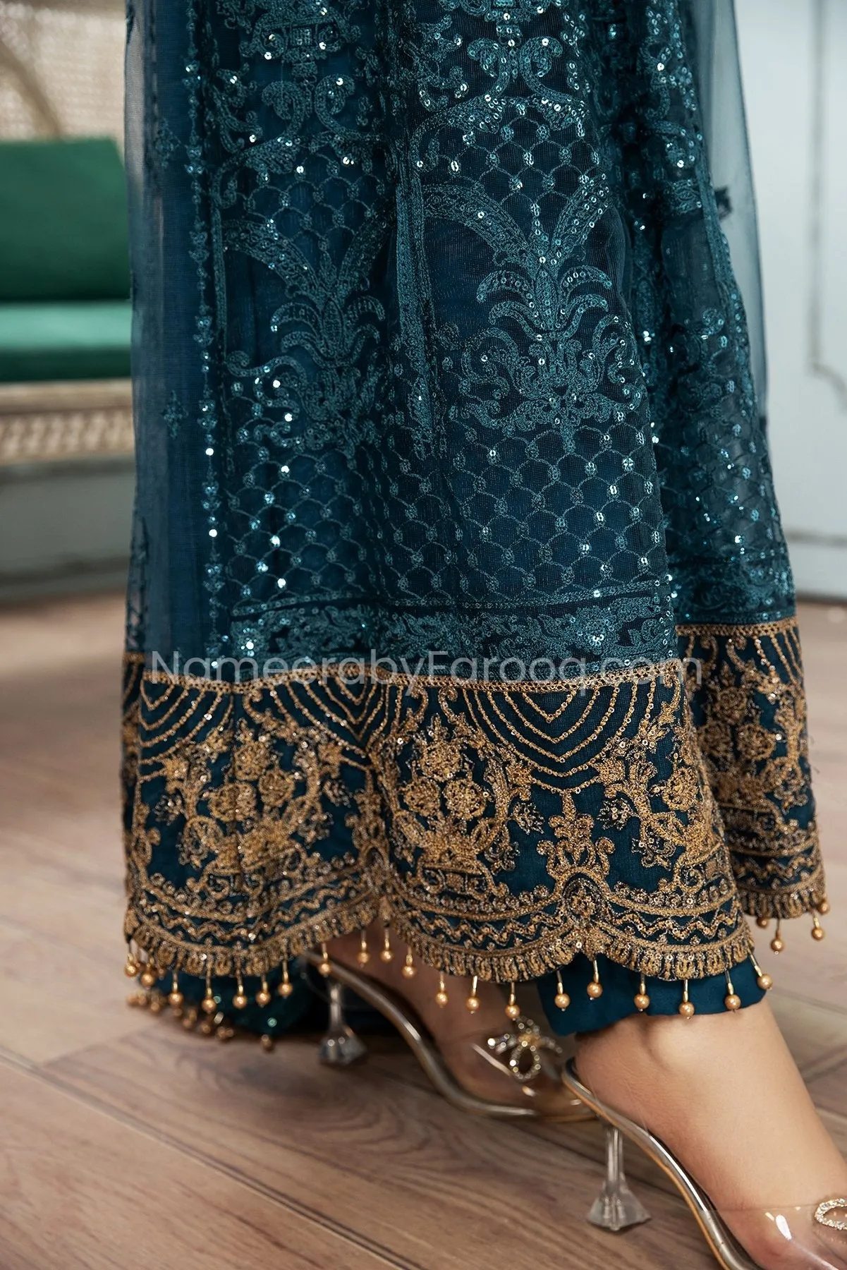 Formal Pakistani Frock Dress in Teal Blue Shade #PF258
