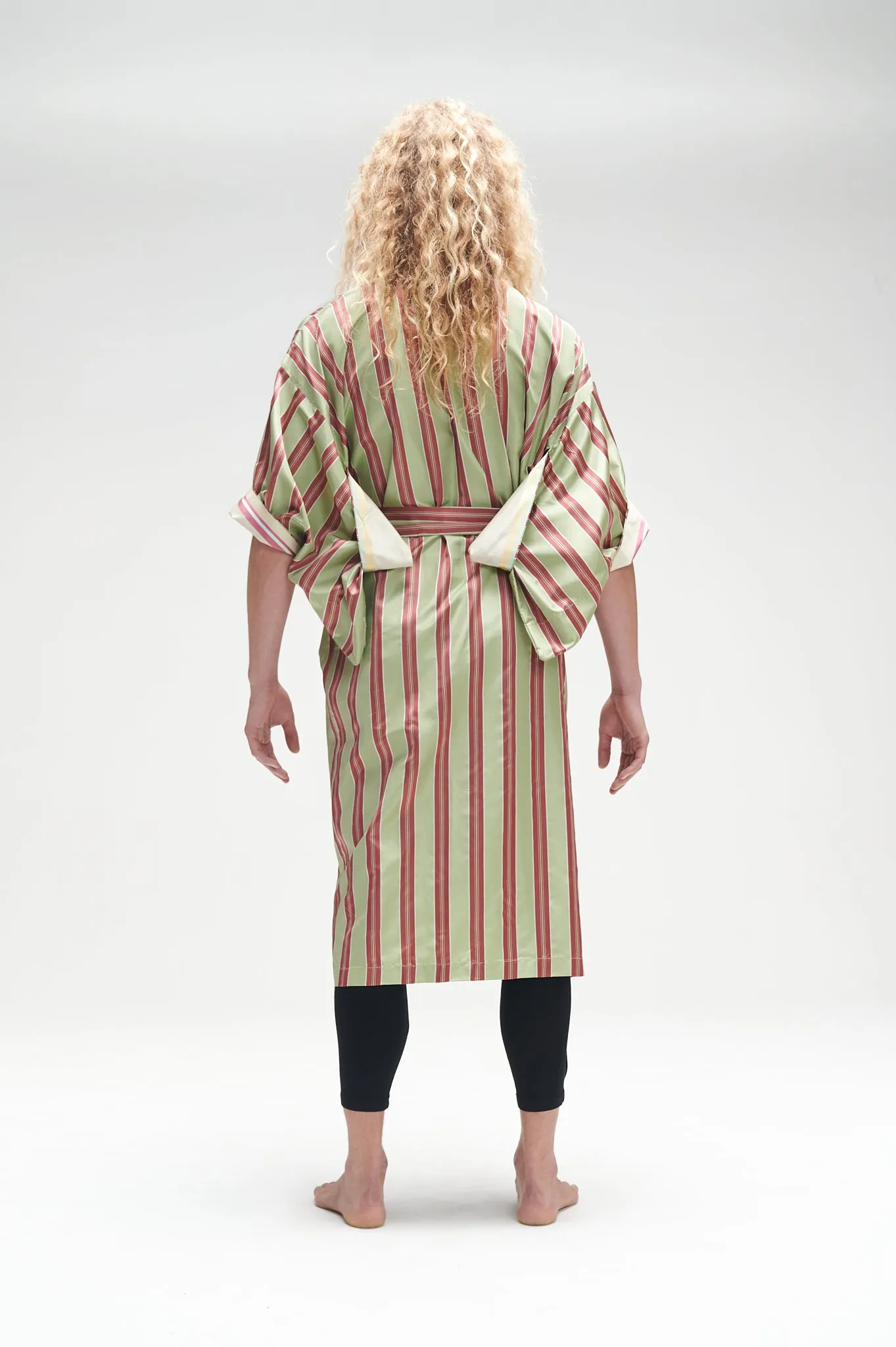Green and maroon striped silk Kimono