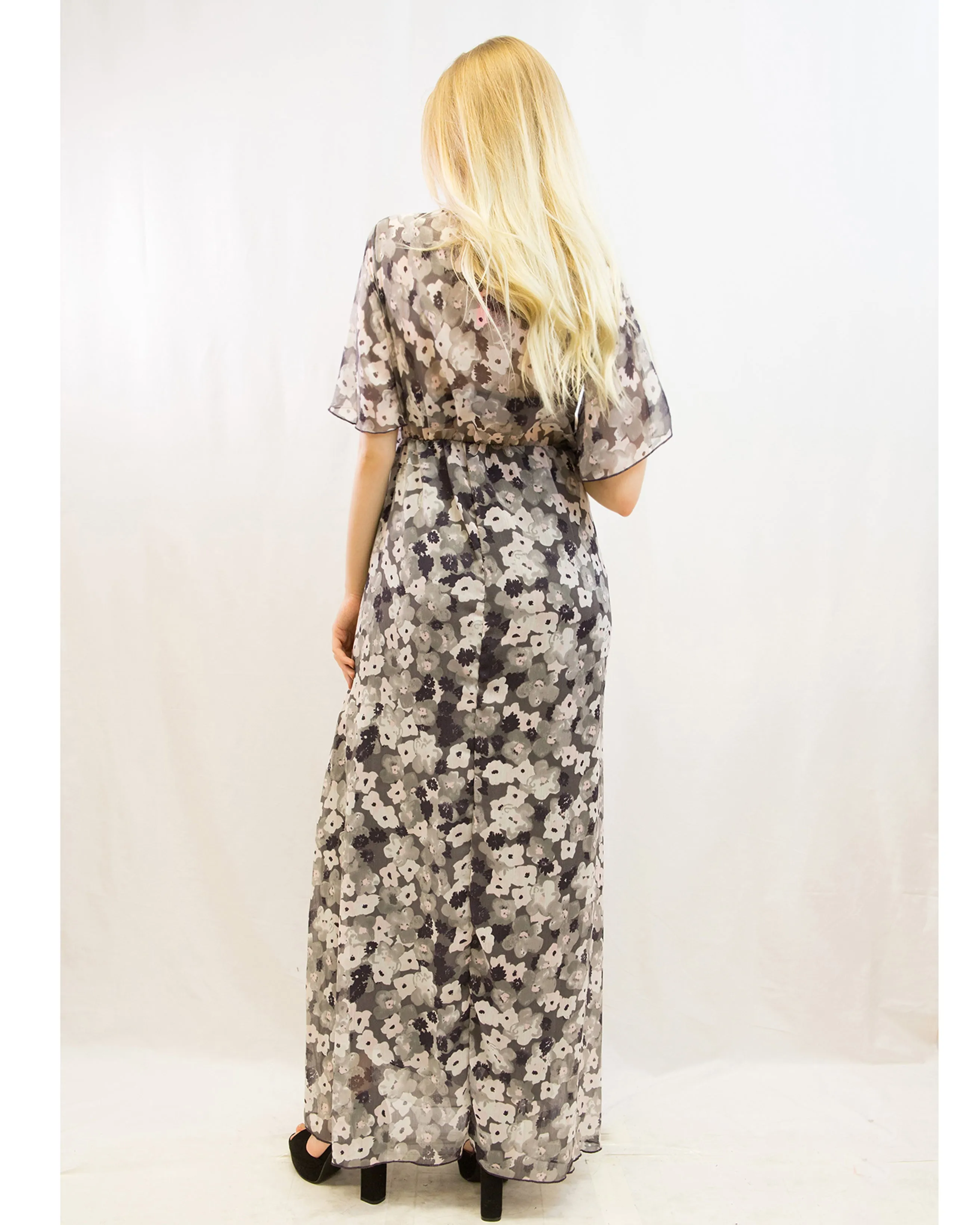 Grey floral Print Chiffon Wrap Maxi Dress