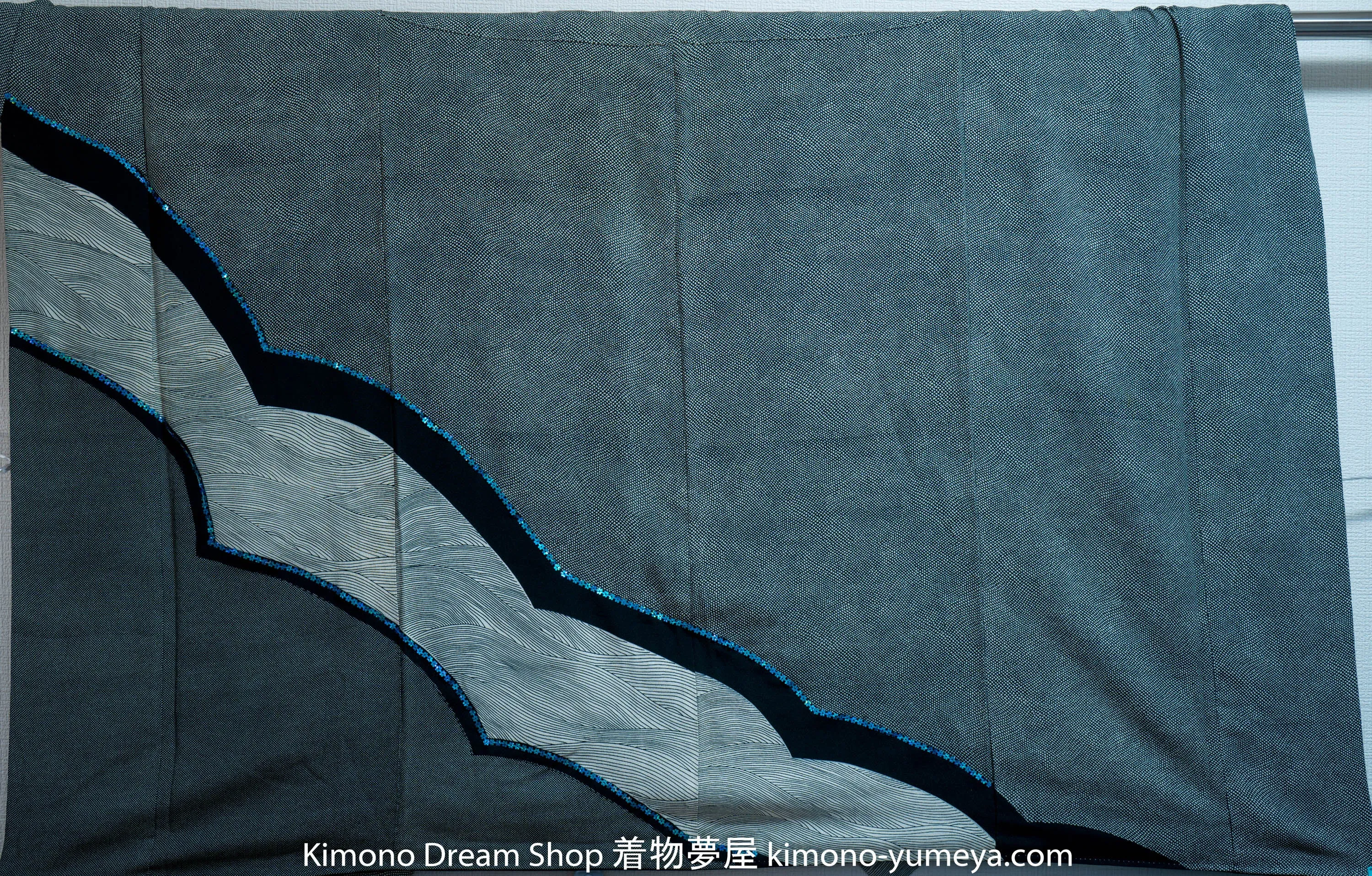 Grey Houmongi - Formal Silk Japanese Kimono Robe - Vintage Homongi - Komon Dots Waves