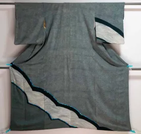 Grey Houmongi - Formal Silk Japanese Kimono Robe - Vintage Homongi - Komon Dots Waves
