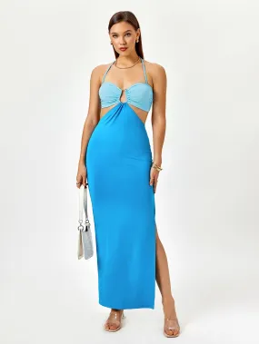 Halter Cut Out Color Clash Slit Dress