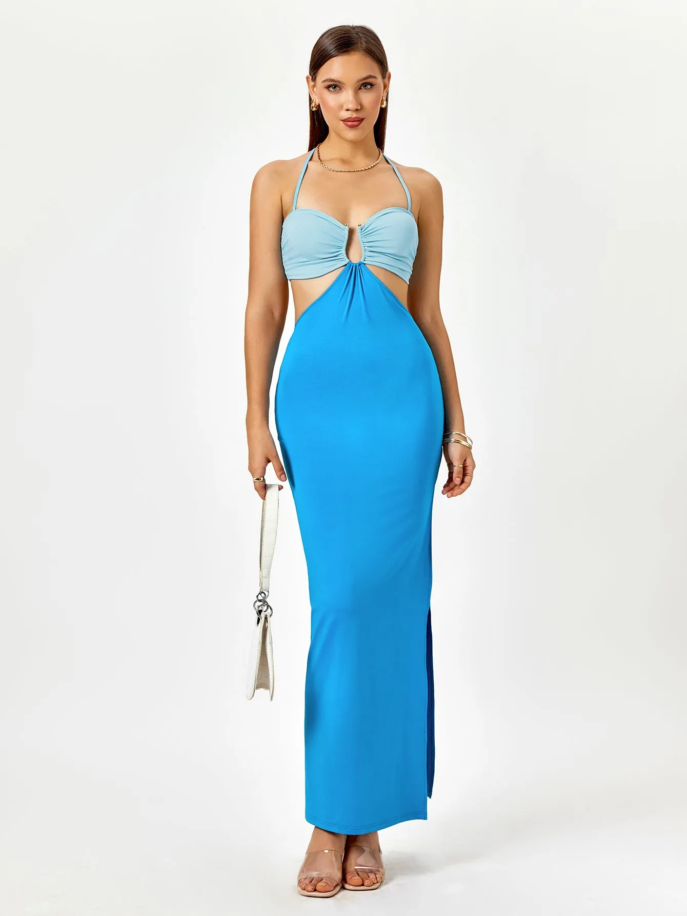 Halter Cut Out Color Clash Slit Dress