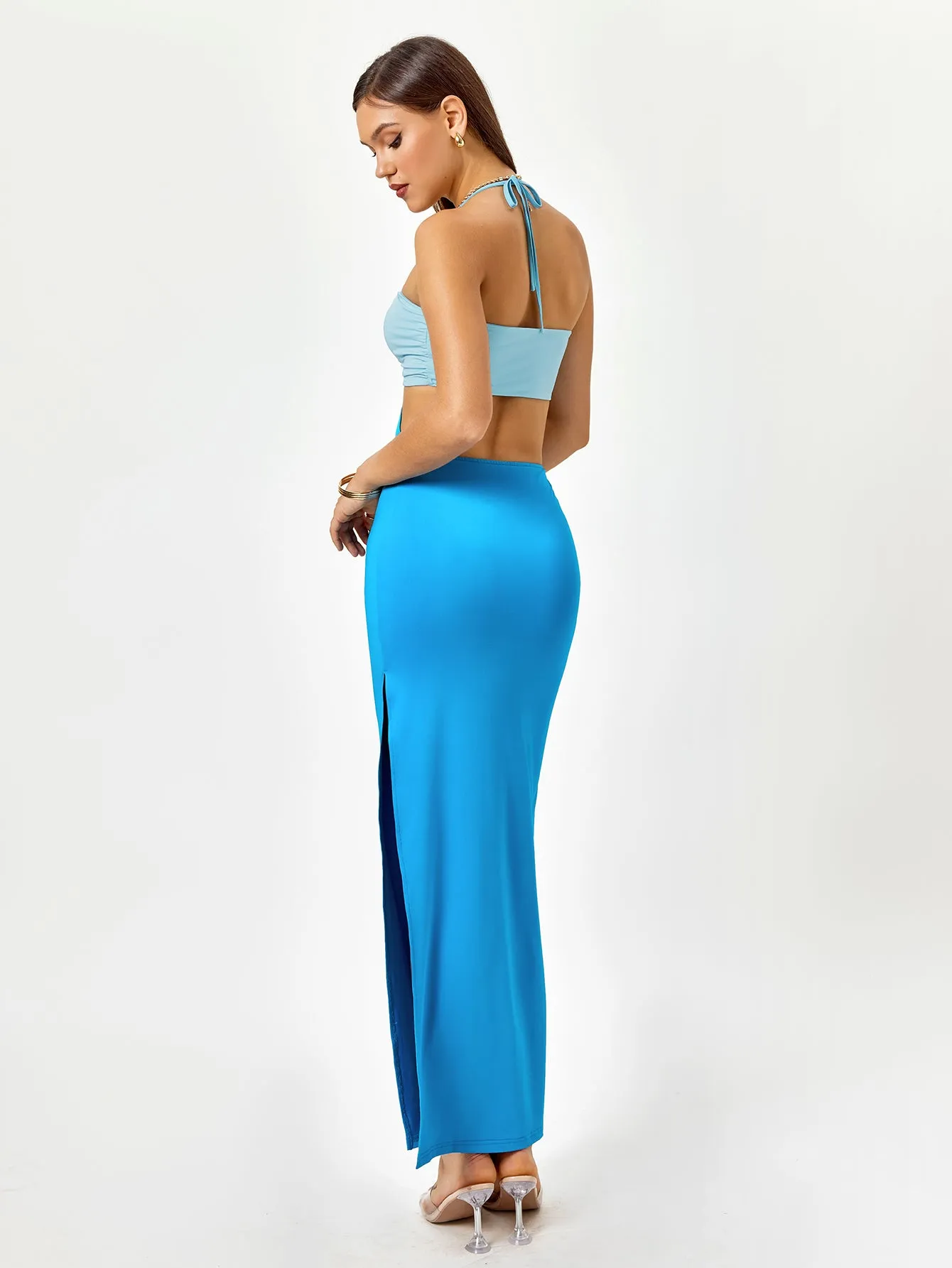 Halter Cut Out Color Clash Slit Dress