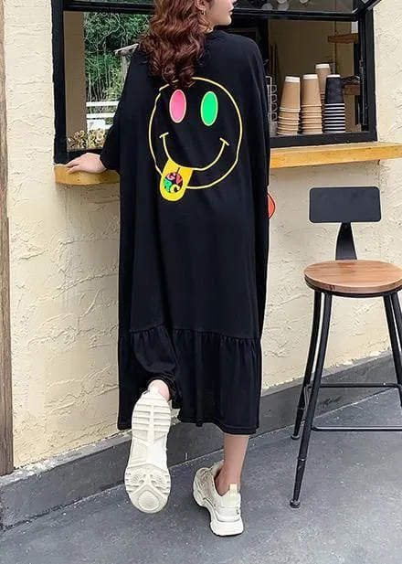 Handmade o neck baggy dress Runway black Cartoon print Traveling Dress