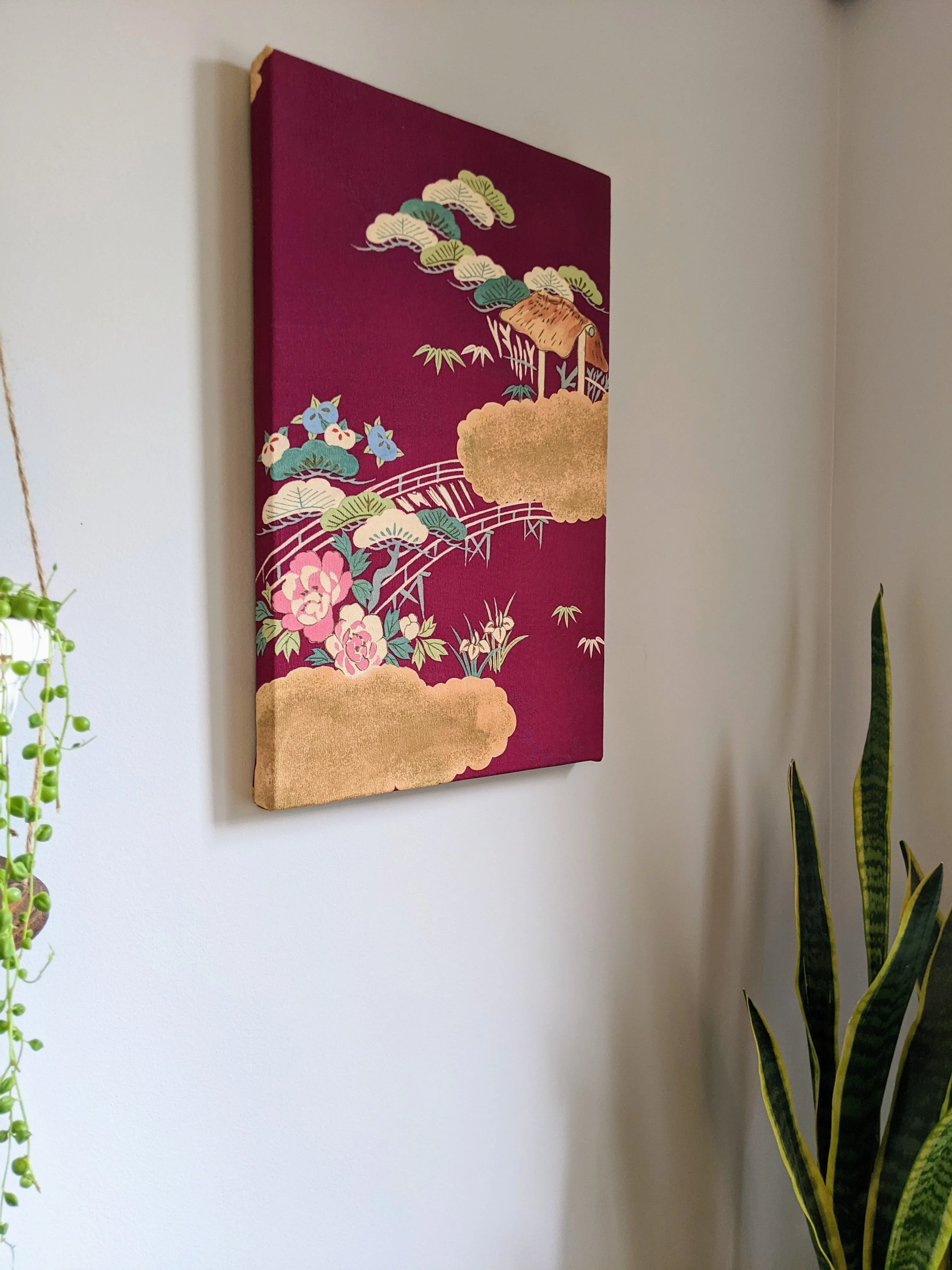 Japanese bridge landscape wall art (red purple)