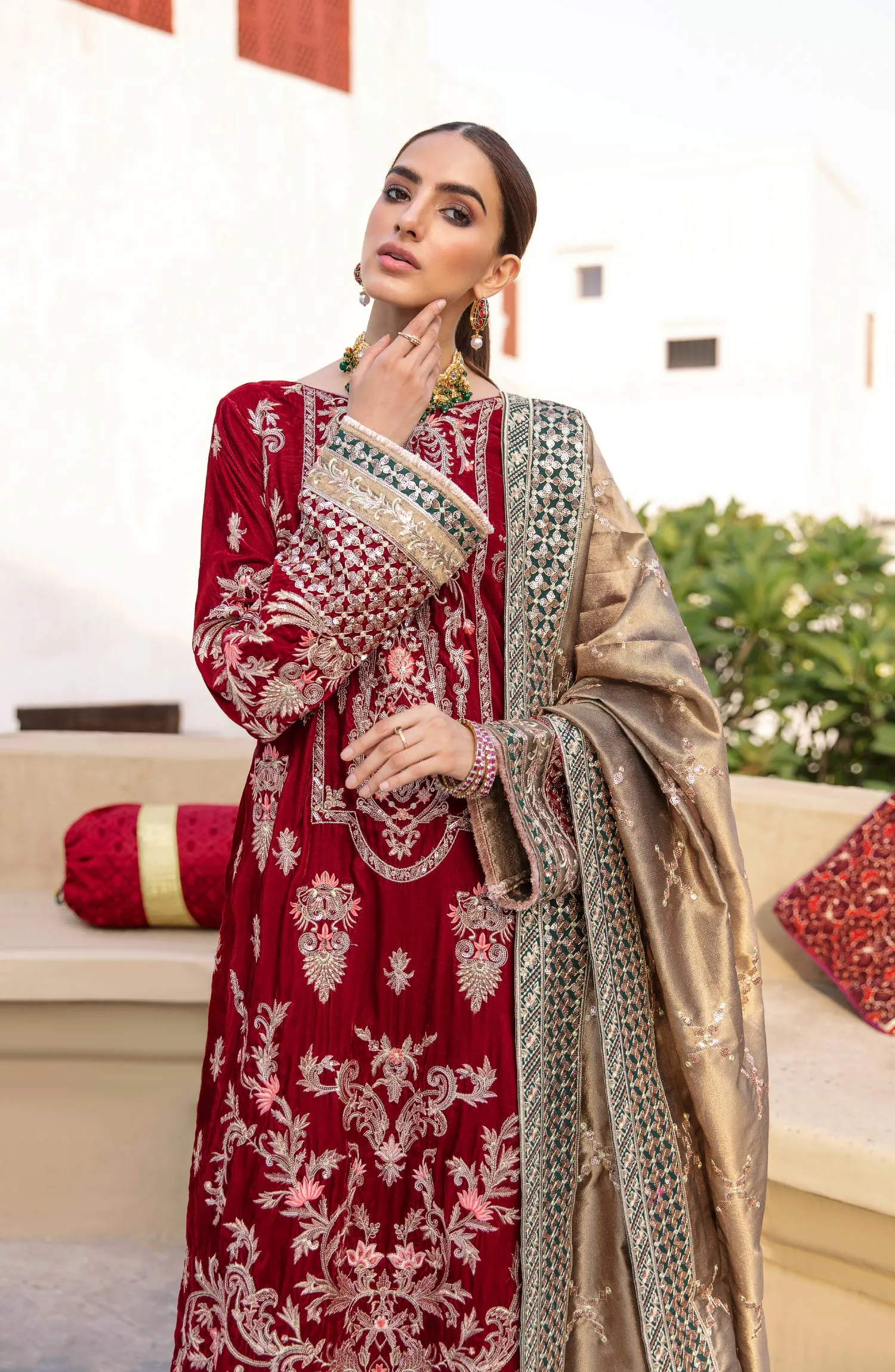 Latest Pakistani Red Dress in Velvet by Designer #PF279