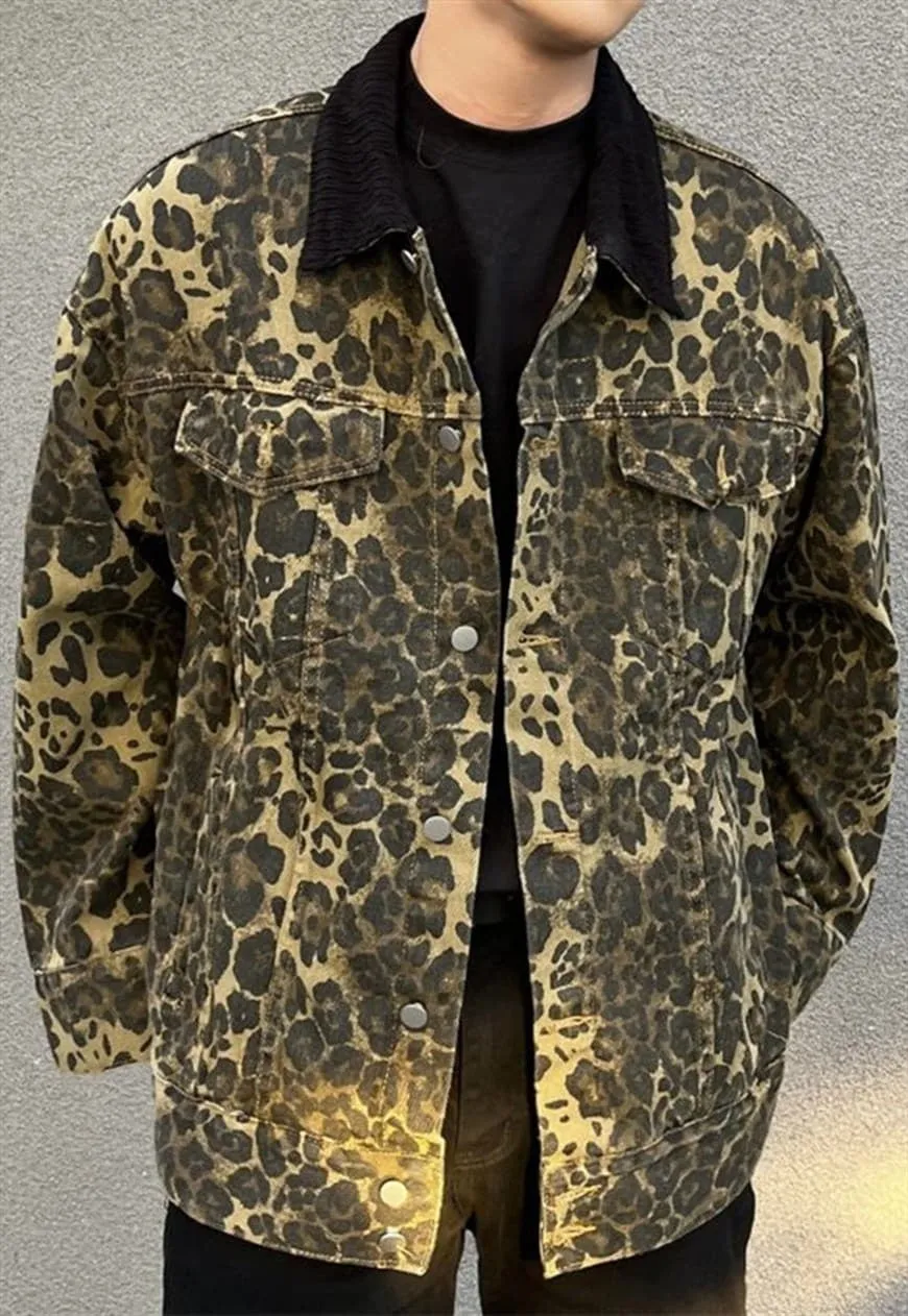 Leopard denim jacket ripped animal jean bomber cheetah coat