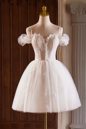 Light Champagne Spaghetti Strap Tulle Beaded Short Prom Dress, A-Line Homecoming Party Dress
