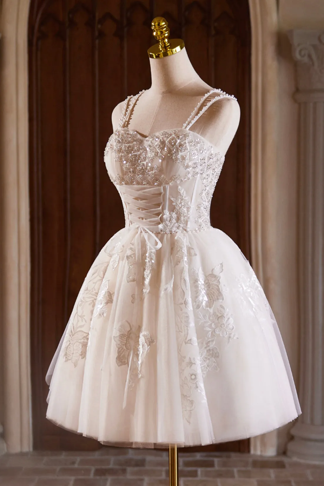 Light Champagne Spaghetti Strap Tulle Beaded Short Prom Dress, Beautiful A-Line Evening Party Dress
