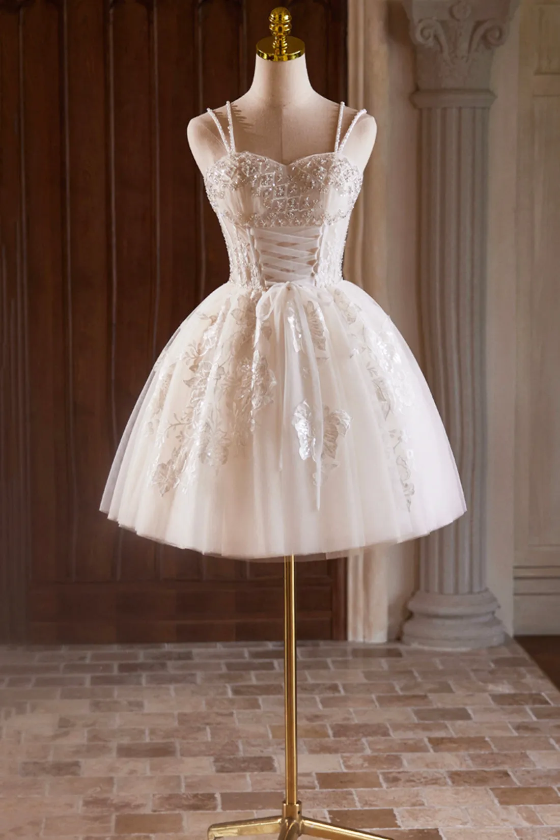 Light Champagne Spaghetti Strap Tulle Beaded Short Prom Dress, Beautiful A-Line Evening Party Dress