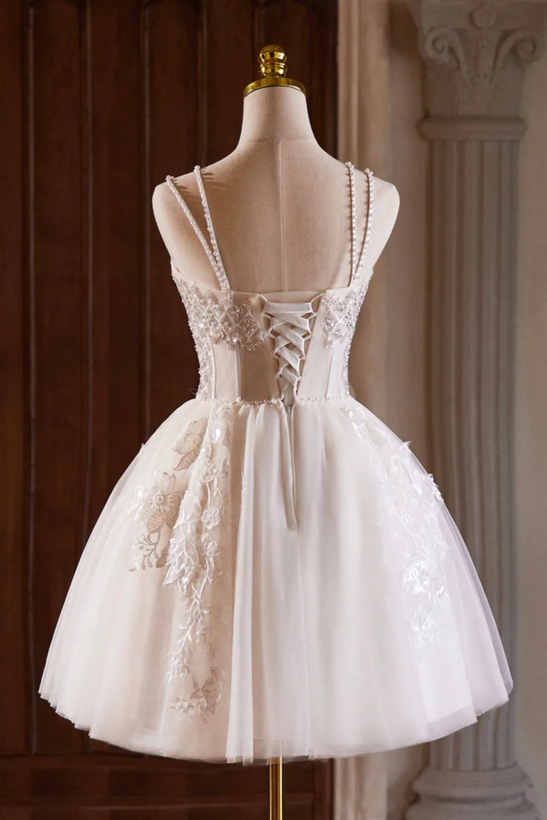 Light Champagne Spaghetti Strap Tulle Beaded Short Prom Dress, Beautiful A-Line Evening Party Dress