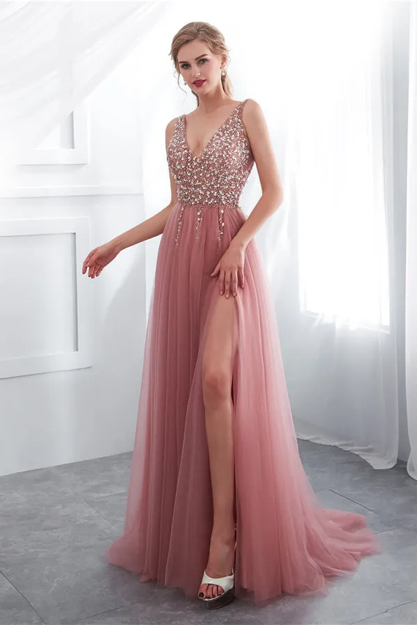 Long Beaded Dark Pink Prom Dress