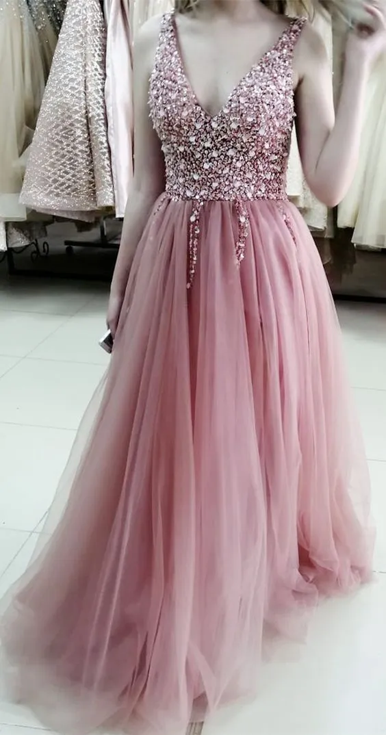 Long Beaded Dark Pink Prom Dress