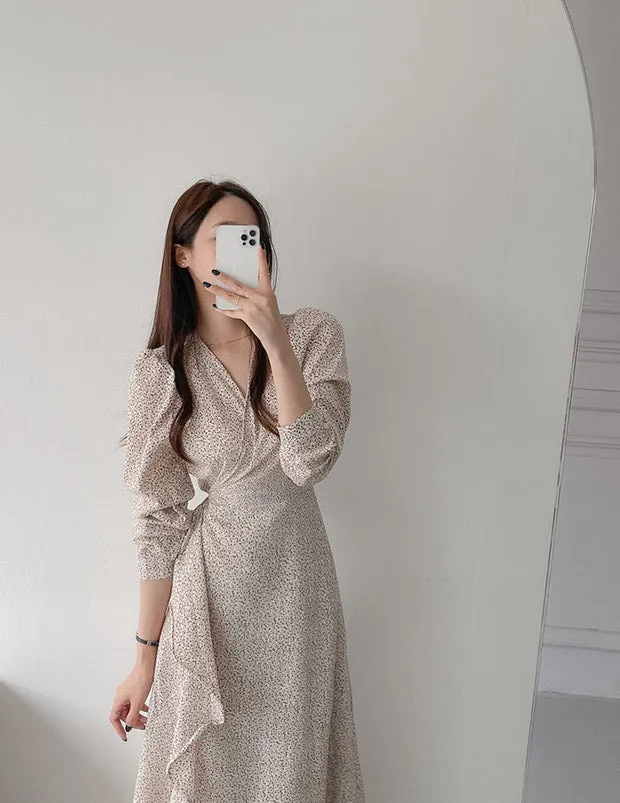 Long Sleeve Floral Wrap Midi Dress with Ruffled Hem