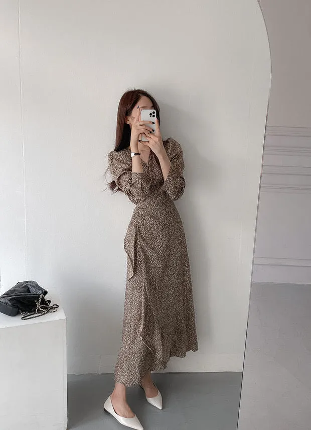 Long Sleeve Floral Wrap Midi Dress with Ruffled Hem