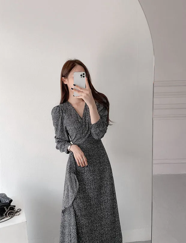 Long Sleeve Floral Wrap Midi Dress with Ruffled Hem