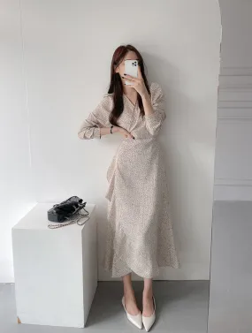 Long Sleeve Floral Wrap Midi Dress with Ruffled Hem
