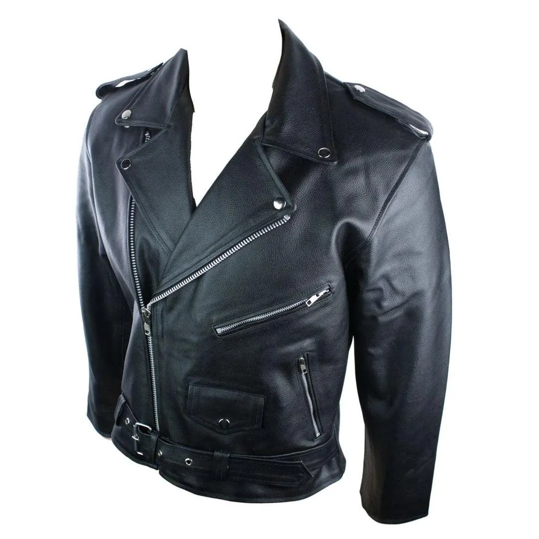 Mens 100% Real Leather Brando Style Classic Retro Biker Jacket Black
