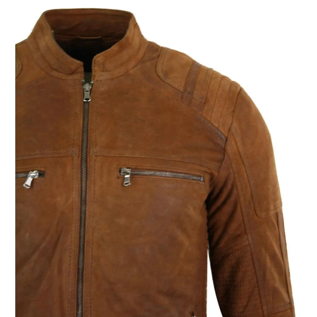 Mens Real Suede Leather Retro Vintage Camel Zip Biker Racing Jacket Washed Nehru Collar