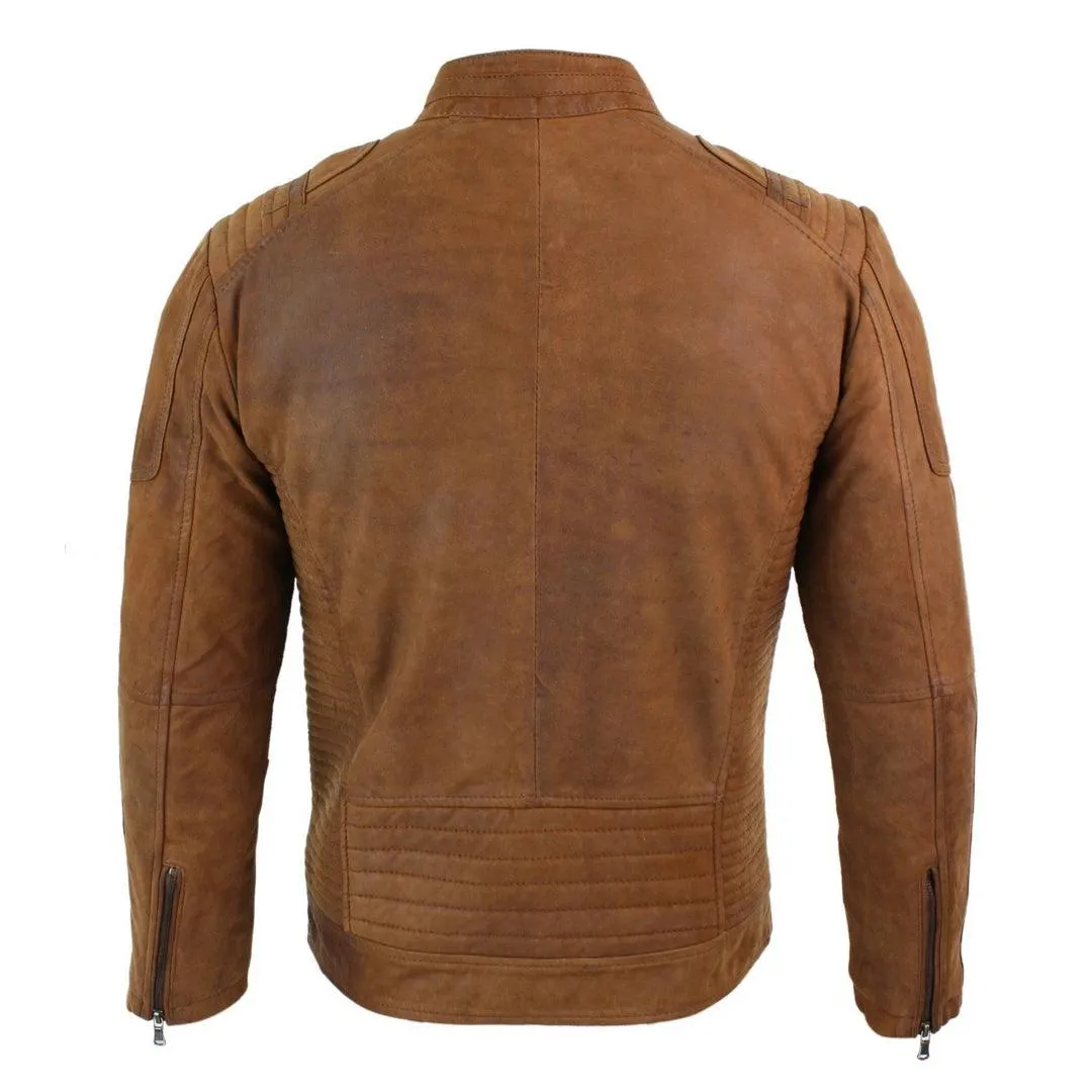 Mens Real Suede Leather Retro Vintage Camel Zip Biker Racing Jacket Washed Nehru Collar