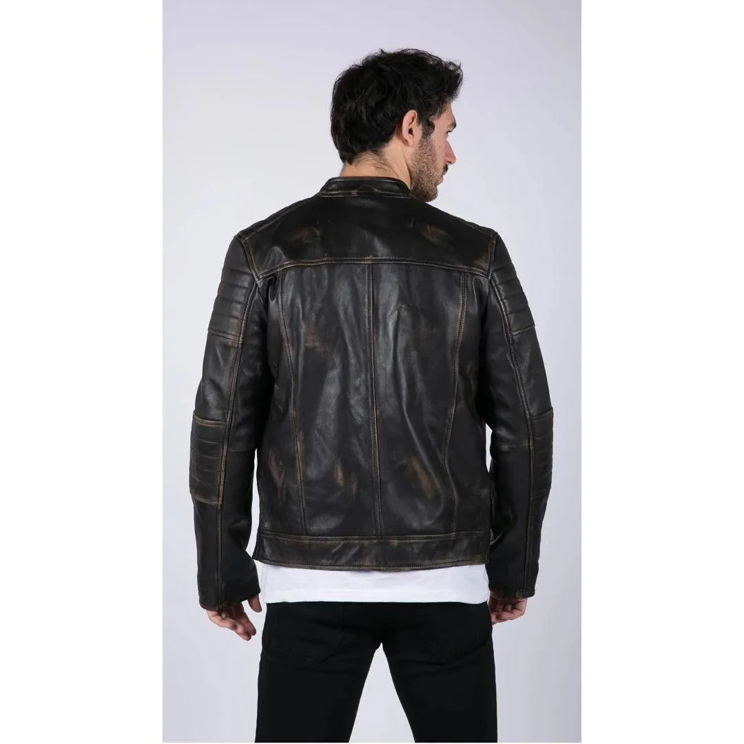 Mens Retro Real Leather Black Brown Washed Jacket Biker Style Zipped