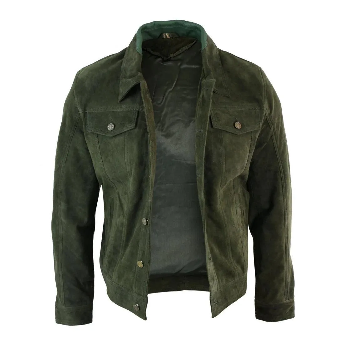 Mens Vintage Short Denim Style Retro Real Suede Leather Jean Jacket Casual