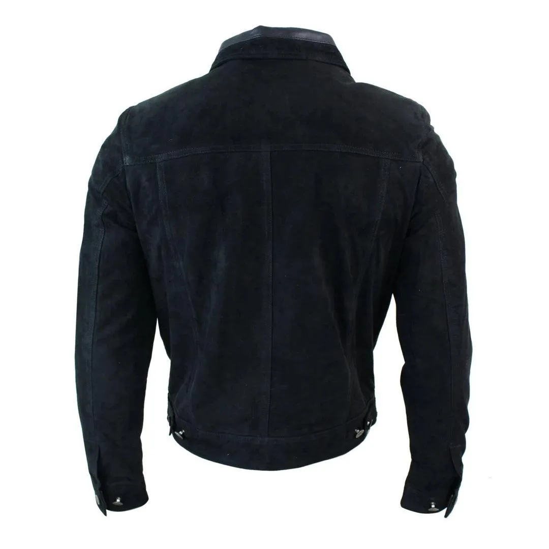 Mens Vintage Short Denim Style Retro Real Suede Leather Jean Jacket Casual