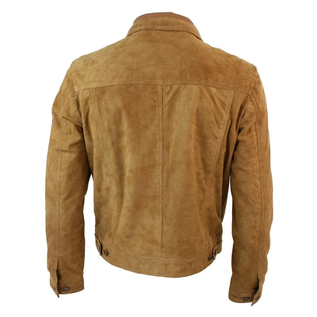 Mens Vintage Short Denim Style Retro Real Suede Leather Jean Jacket Casual