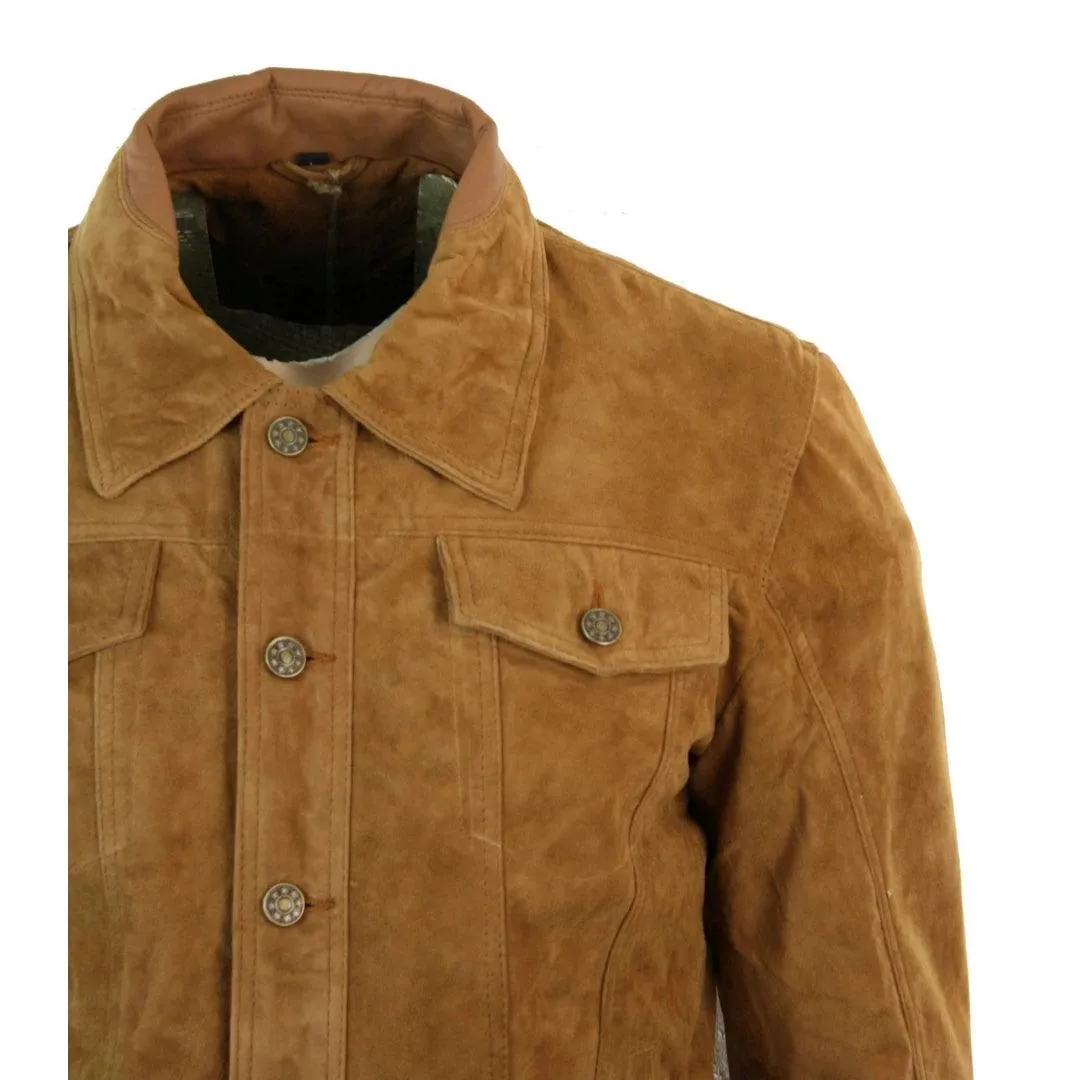 Mens Vintage Short Denim Style Retro Real Suede Leather Jean Jacket Casual