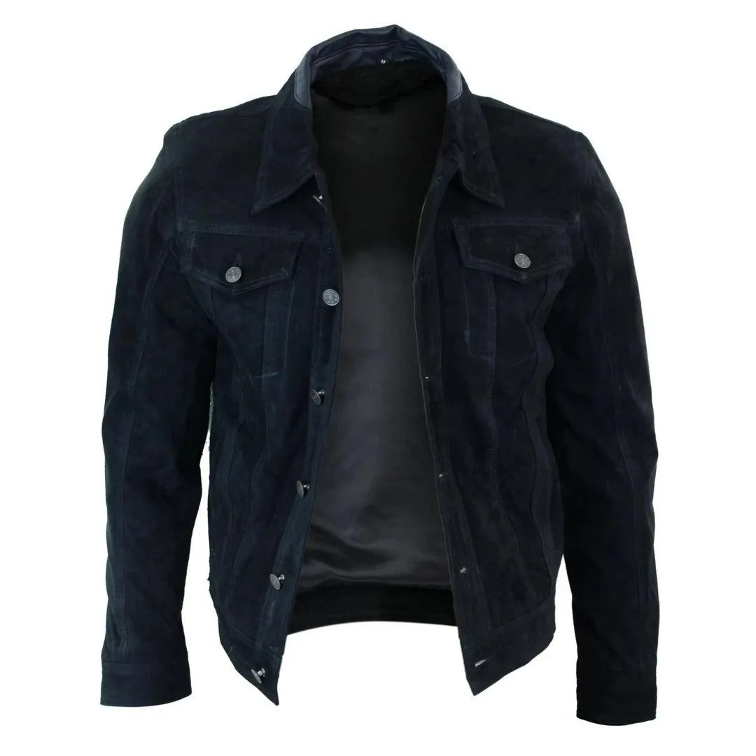 Mens Vintage Short Denim Style Retro Real Suede Leather Jean Jacket Casual