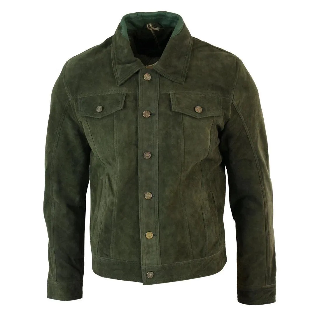 Mens Vintage Short Denim Style Retro Real Suede Leather Jean Jacket Casual