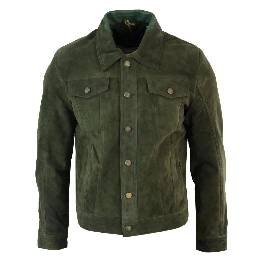 Mens Vintage Short Denim Style Retro Real Suede Leather Jean Jacket Casual