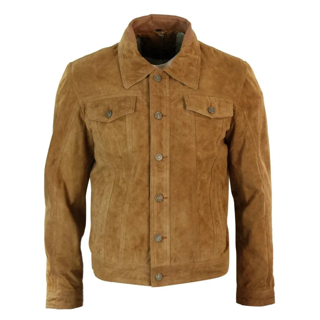 Mens Vintage Short Denim Style Retro Real Suede Leather Jean Jacket Casual